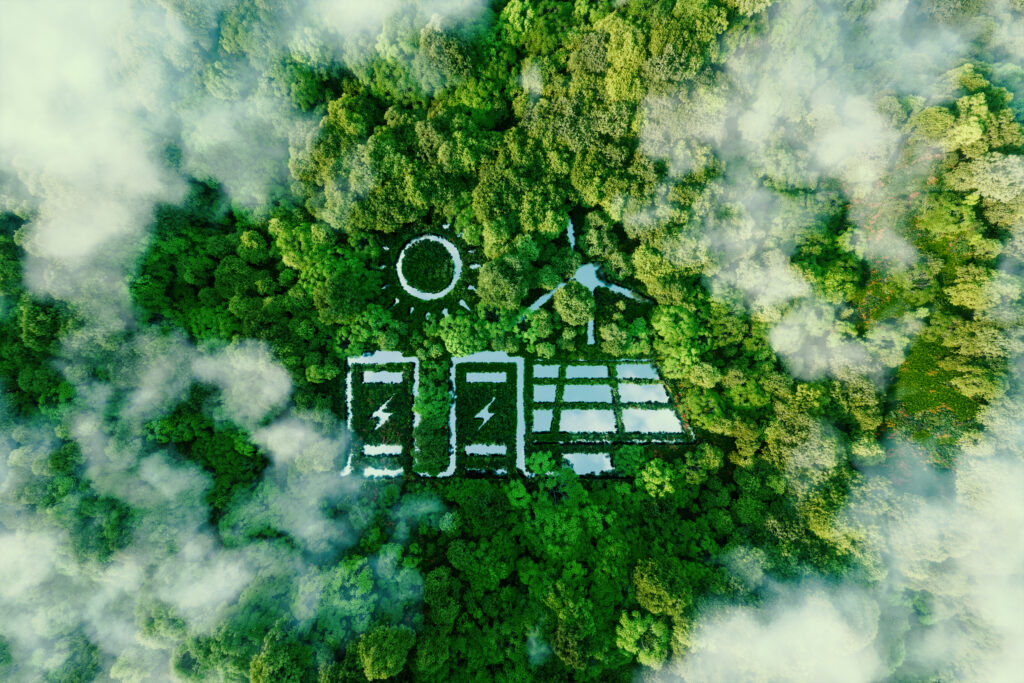 lake shaped like a solar panel, wind turbine, and battery storage unit, nestled in the middle of a lush green forest, symbolizing the harmony between nature and clean, renewable energy systems.
