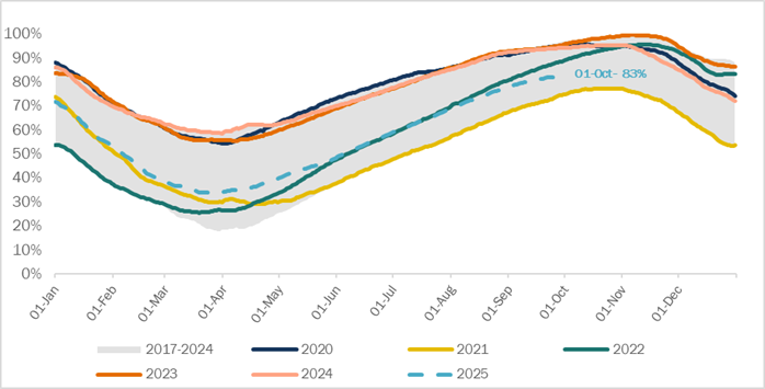 Evolution of European gas storage filling level (%) 
